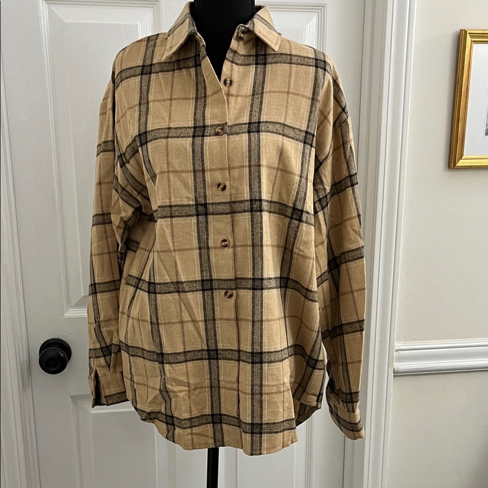 Amazon Women's Tan Plaid Button Down Shirt NWT